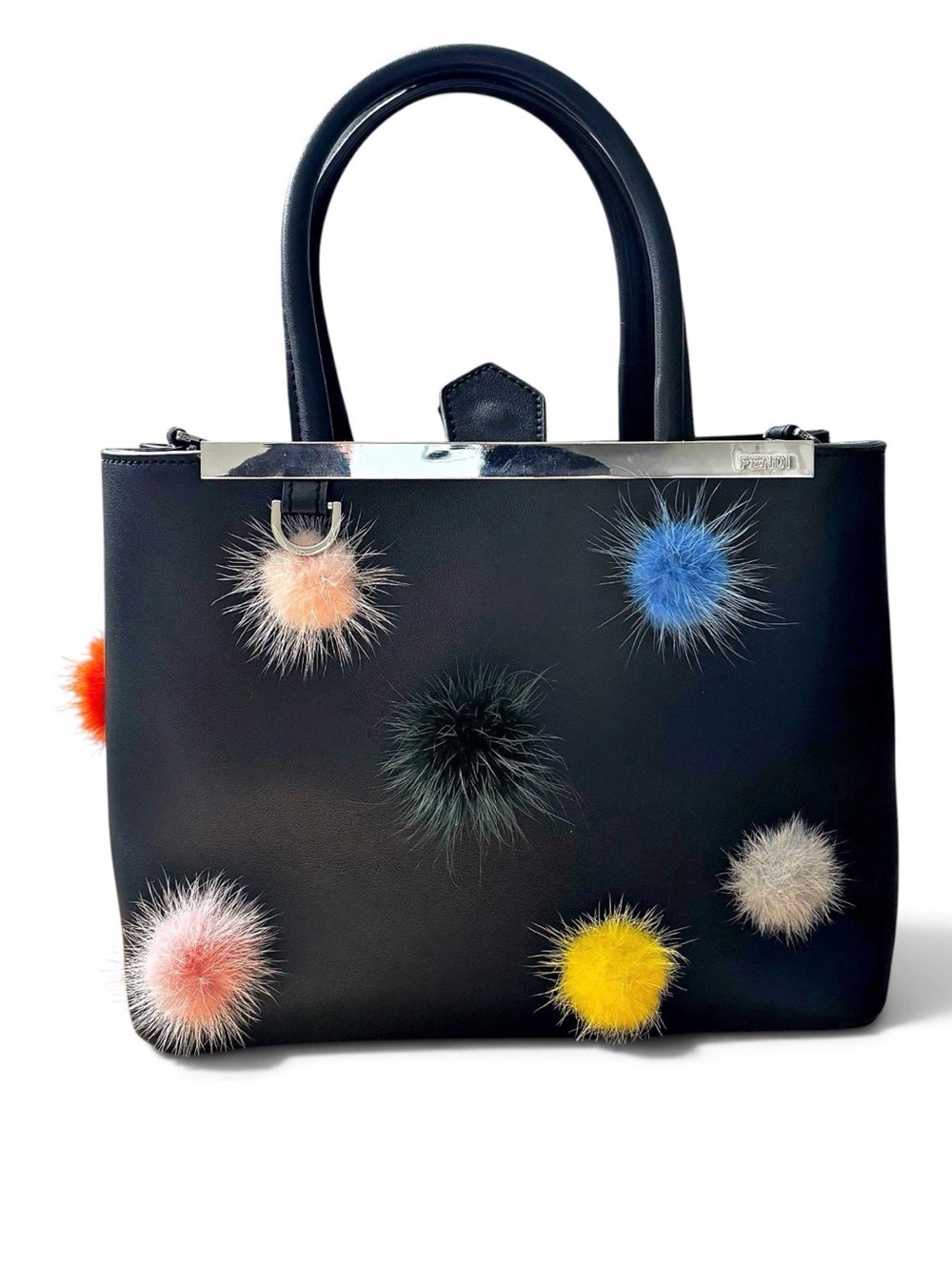 FENDI Mink Fur Pom Pom Petite 2 Jours Tote Black Multicolor